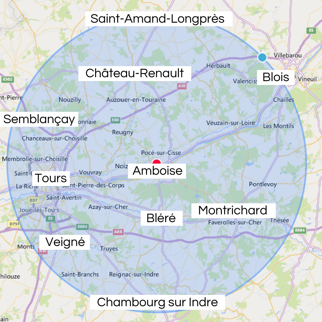 carte Indre et loir et loir et cher site web Périmètre d'activité pro à 30 km autour d'Amboise (37)