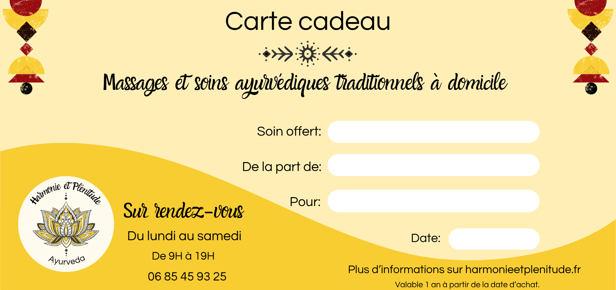 Carte cadeau pour un massage ayurvédique à domicile dans un rayon de 30 kilomètre autour d'Amboise