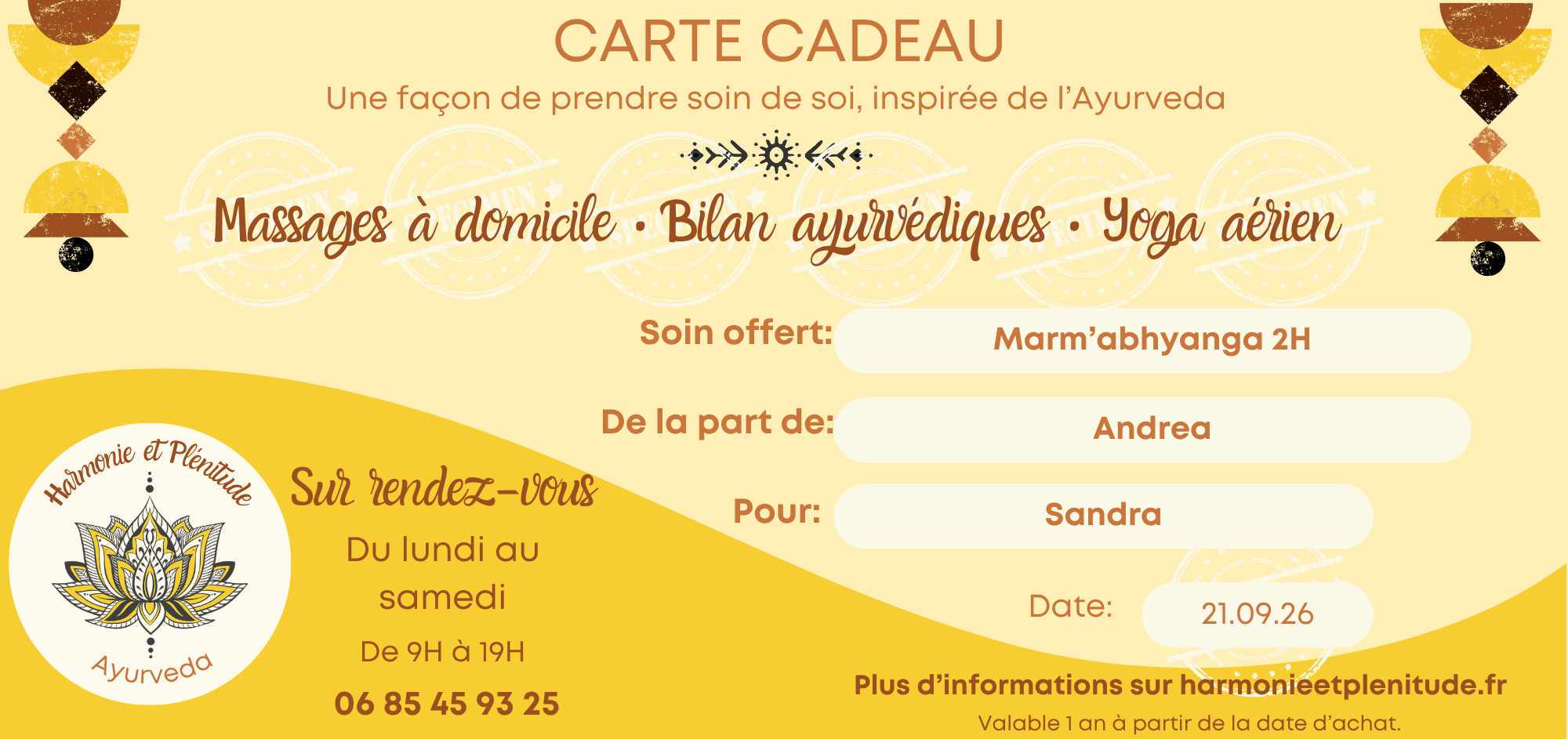 Une carte cadeau, une façon de prendre soin de soi inspirée de l'Ayurveda avec des massages, des bilans ayurvédiques ou du yoga aérien à Amboise et ses environs